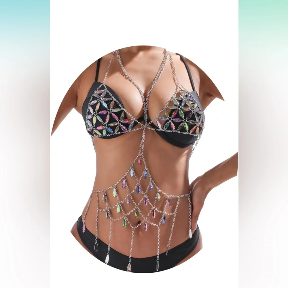 Rave crystal brought top body chain, harness swimwear, add-on